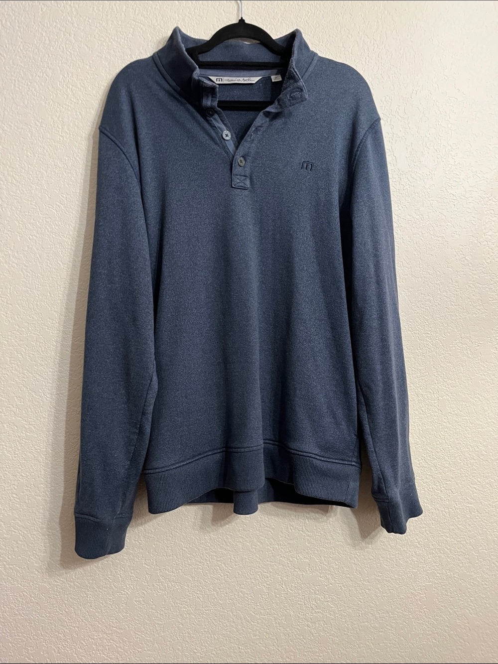 Travis Mathew Men's Heathered Navy Blue Quarter Button Pullover Sweater
